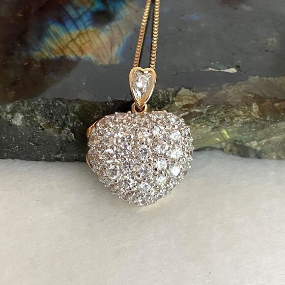 Gold Vermeil Sterling Silver 925 Pave Puffy Heart Locket Pendant Necklace 18" - Picture 8 of 16